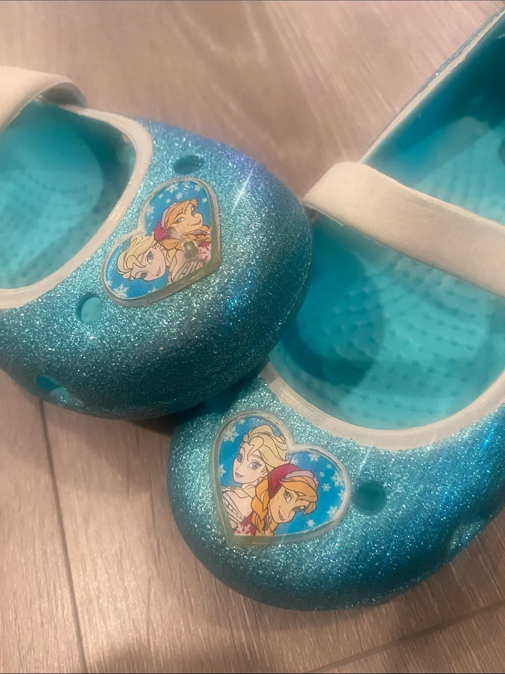CROCS Kids Glitter Teal Blue Mary Jane Shoes with Frozen Heart Charms